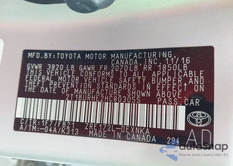 2017 Toyota Corolla Le z USA, uszkodzony, nr VIN 2T1BURHE2HC803055